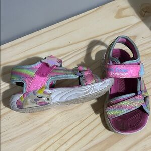 Skechers Kids' Glittery Pink and Green Sandals Light Up - Size 12